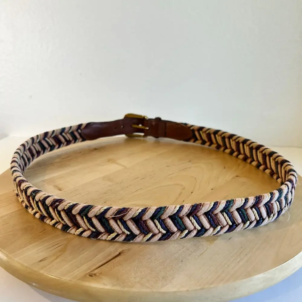 Brown Genuine Leather Multi Colored Made in Italy Solid Brass Belt Size Large